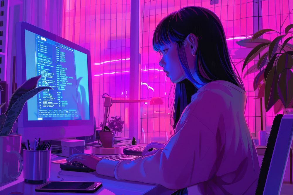 a girl coding on a desktop